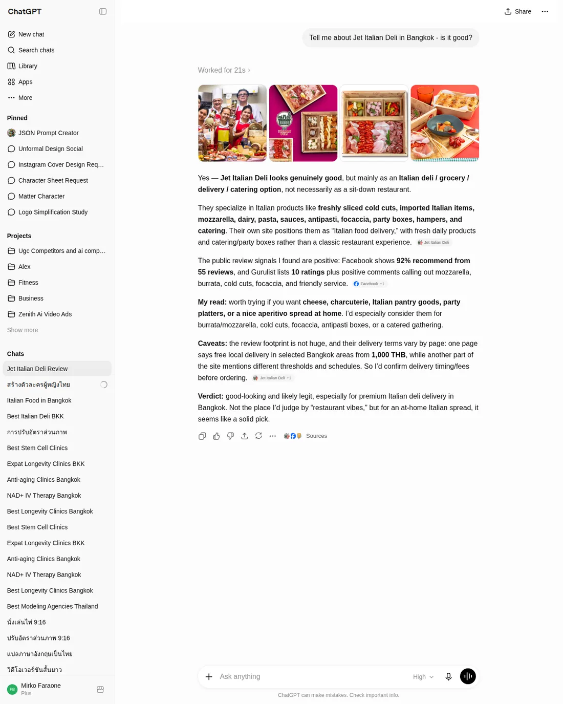 ChatGPT reviewing Jet Italian Deli in Bangkok and calling it a solid pick, citing 92% recommend across 55 reviews
