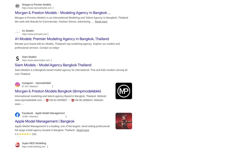 Google organic results with Morgan & Preston Models in the #1 position above competing agencies